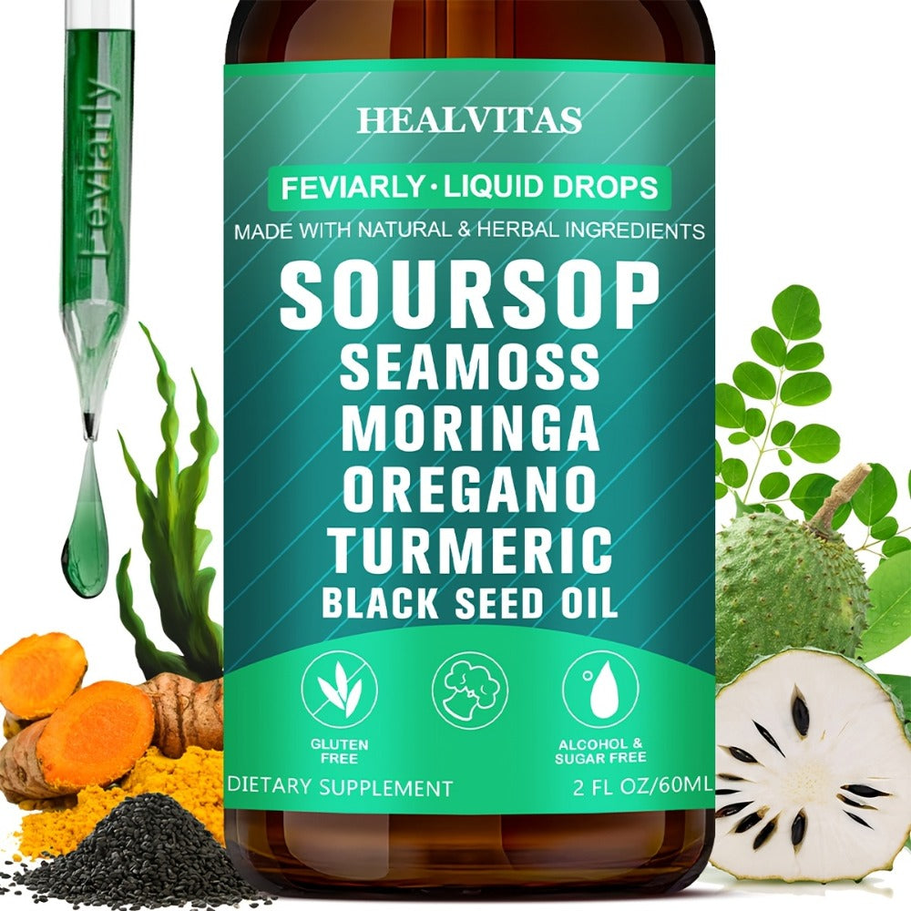 Soursop Bitters Liquid Supplement 2oz 10-in-1 with Seaweed Moringa Turmeric Black Seed Oil & Oregano Herbal Extracts — image 