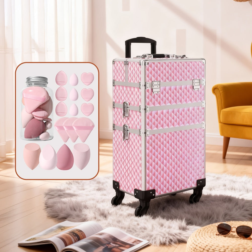 Makeup Train Case with Telescoping Handle in Black or Pink and Sponge Set — image 2