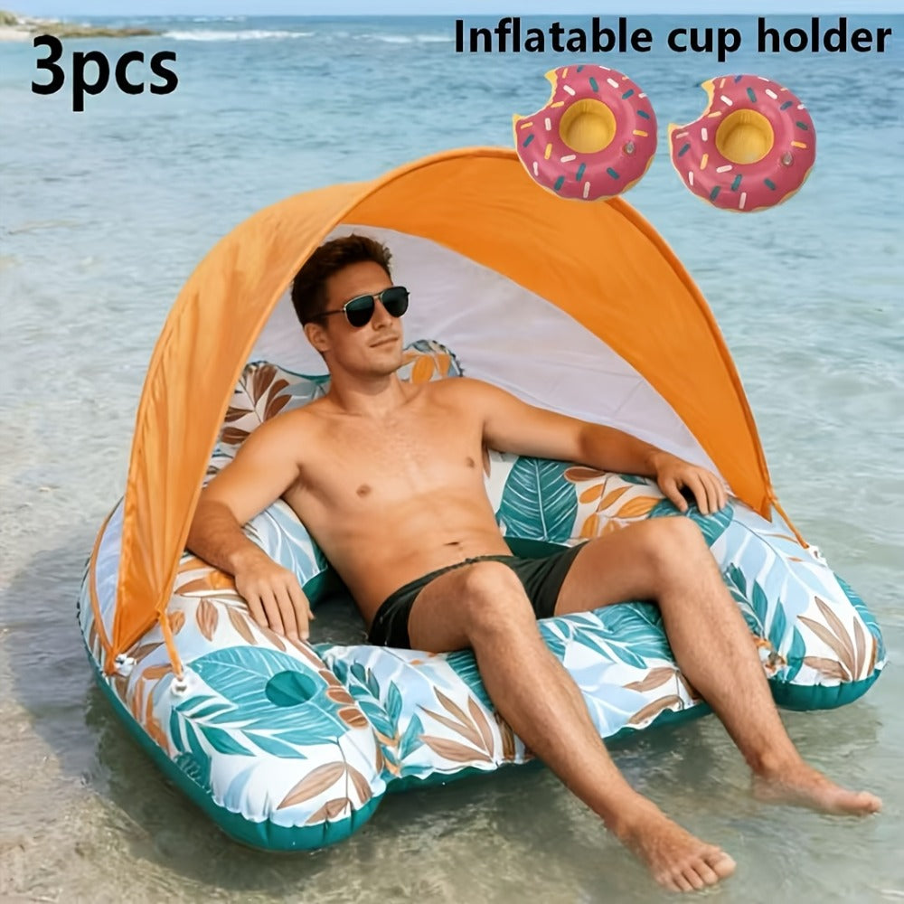 Tropical Leaf Inflatable Pool Lounger with Canopy, Cup Holder, Two Donut Drink Rings and Green or Blue Options — image 1