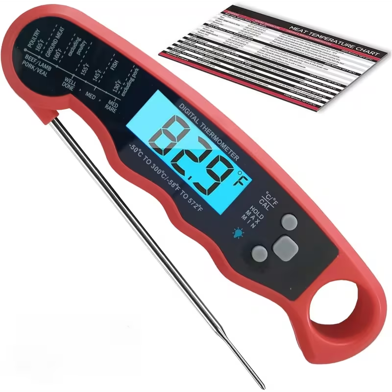 Red and Black Folding Digital Food Thermometer with Backlit Display, Calibration Mode, Unit Switch and Hanging Loop — image 1