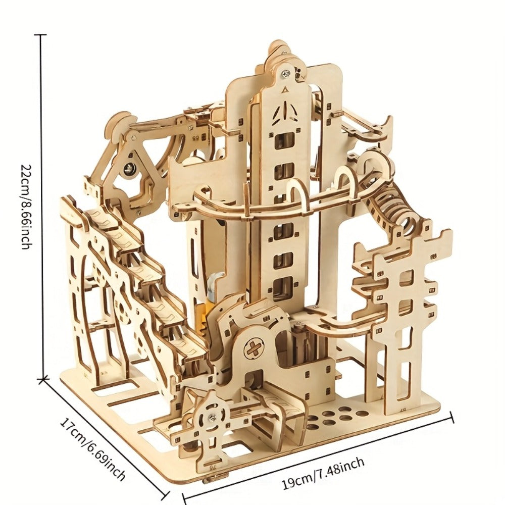 Wooden Marble Track Model Kit with Dual-Linkage A or B Builds, Laser-Cut Panels, Gears and Ball Rails — image 4