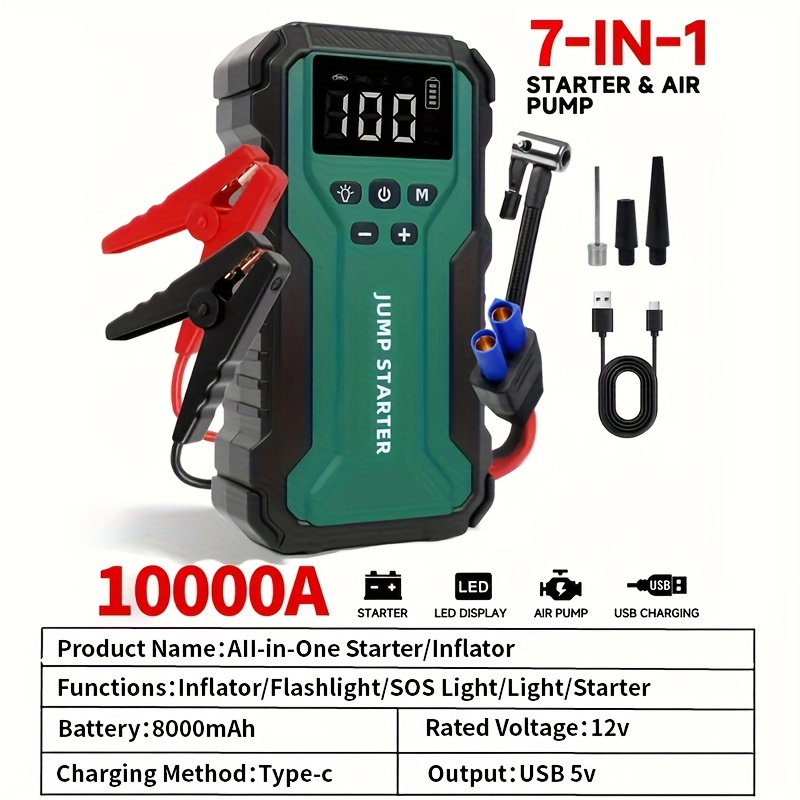 10000A Car Jump Starter with 12V Clamps, LED Light and Optional Integrated Air Pump in Red, Green or Gray — image 17
