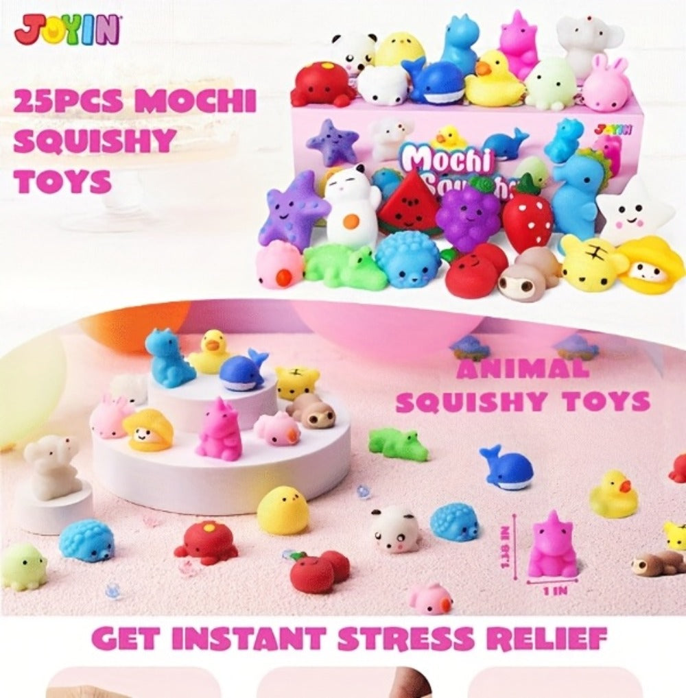 25-Piece Mini Mochi-Style Squishy Toy Set with Assorted Animal and Fruit Shapes from 1 to 1.38 Inches — image 8