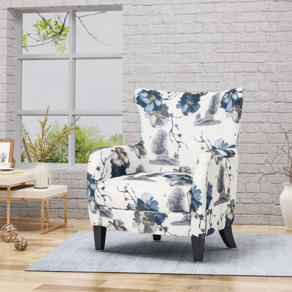 Modern retro printed fabric cushioned club chair, white and blue patterned armchair - V.I.P Digital Presence