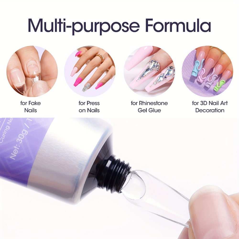 Press-On Nail Glue Gel Kit 30g with UV Lamp – Strong Long-Lasting Solid Nail Glue, 60ml Remover & Buffer for False Nails — im