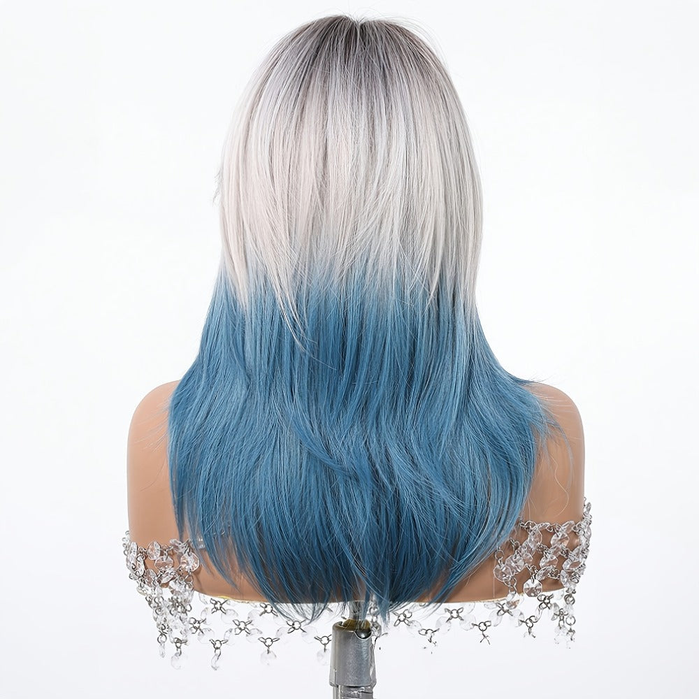 Synthetic Wig 22-Inch Gradient Blue Ombre Layers with Bangs, Adjustable Cap and Rose Hair Net — image 9