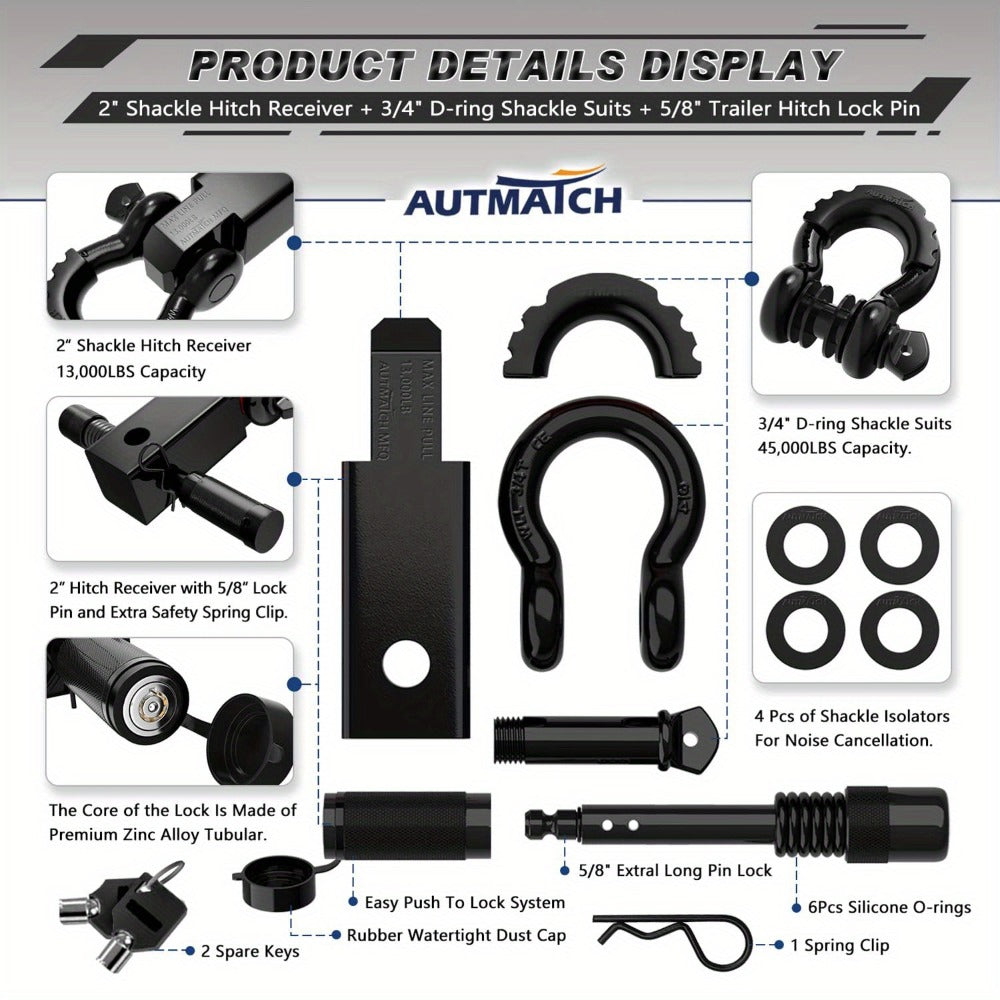 Shackle Hitch Receiver Kit 2 Inch – 45, 000 lbs Break Strength, Drop-Forged Steel, Lock Pin & D-Ring, Fits Truck RV ATV Boat,