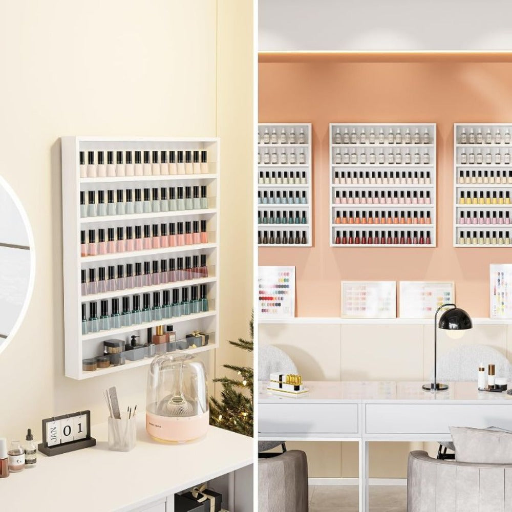 Wall Mount Nail Polish Rack 6 Tier Holds 120 Bottles with Acrylic Baffles – Large Nail Varnish Display Shelf Organizer for Sa