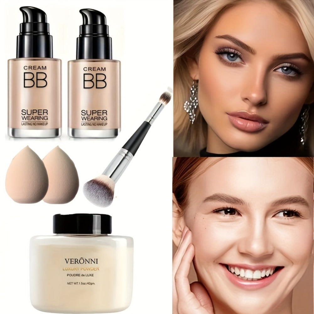 BB Cream Setting Powder Set 2 Pcs with Tools Concealer Oil Free Matte Face Makeup for Women, for Makeup, Travel and Everyday 