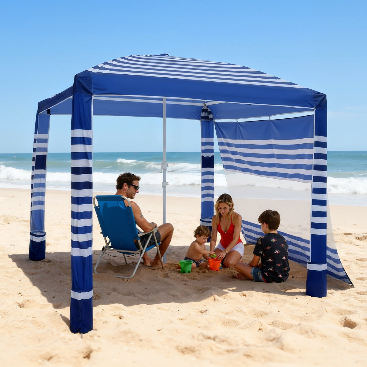 Beach Cabana 8x8ft UPF 50+ Adjustable Height Side Wall Navy Stripes for Garden, Patio and Yard Use — image 2