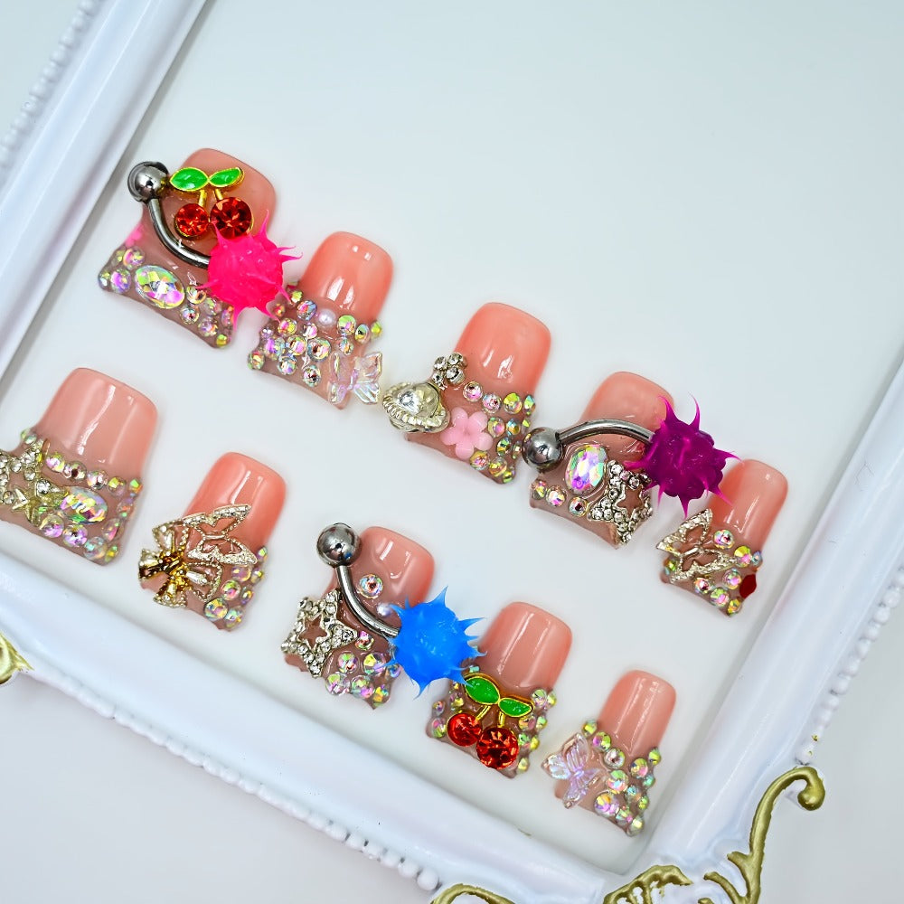 Press On Nails Handmade Y2K Duckbill Set with 3D Eye Barbell Star Rhinestone Charms and S M L Sizes — image 20