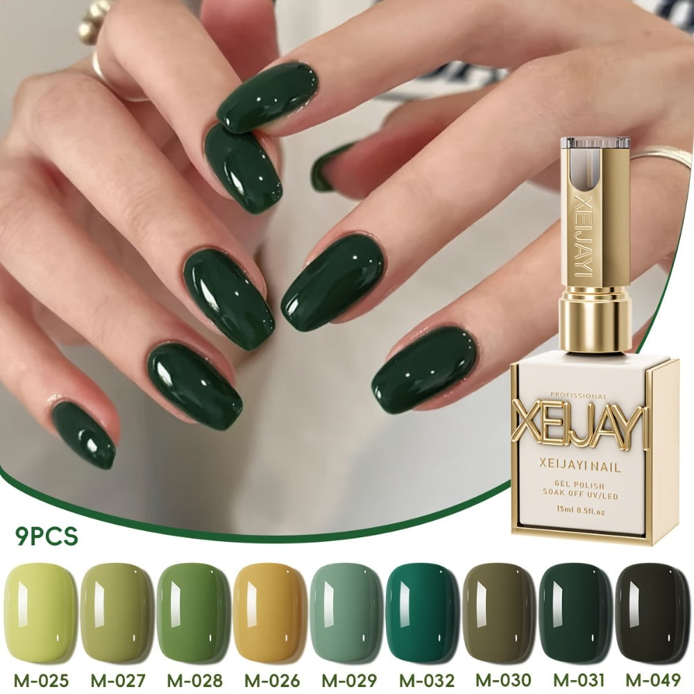 Gel Nail Polish Set with XEIJAYI Label, 9 Green Forest Colors in 0.51oz Photo Frame Bottles — image 4
