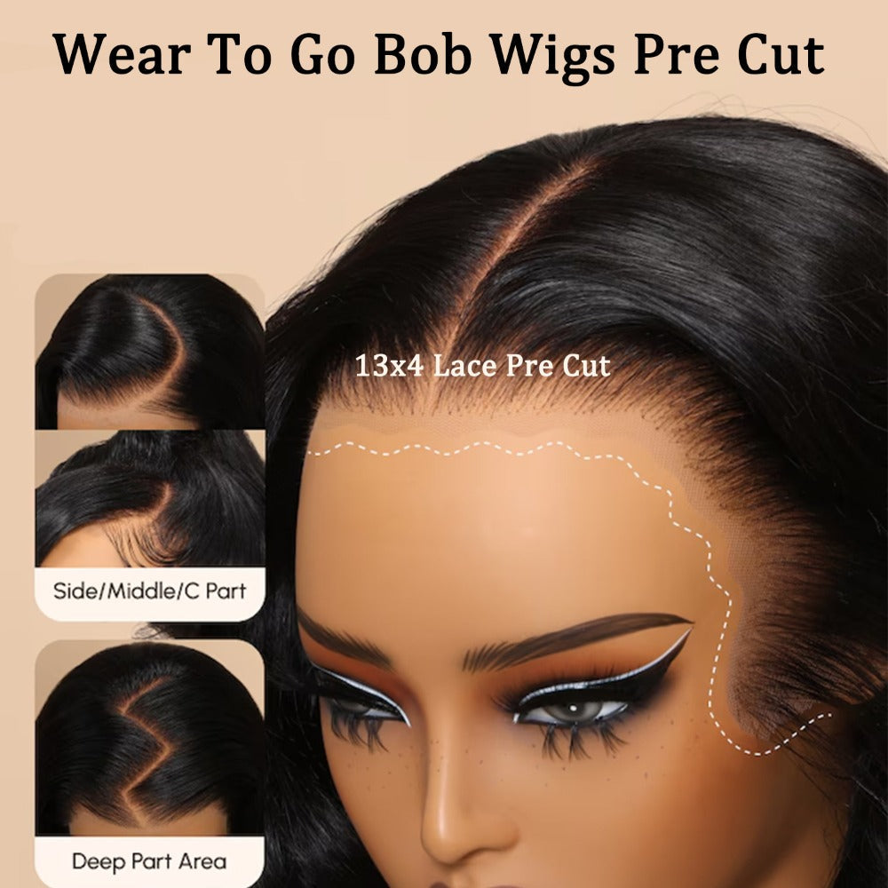 Glueless Bob Wig Human Hair 13x4 Pre Cut Lace 200% Density Wear and Go Deep Wave Body Wave Pre, for Home, Travel and Salon Ha