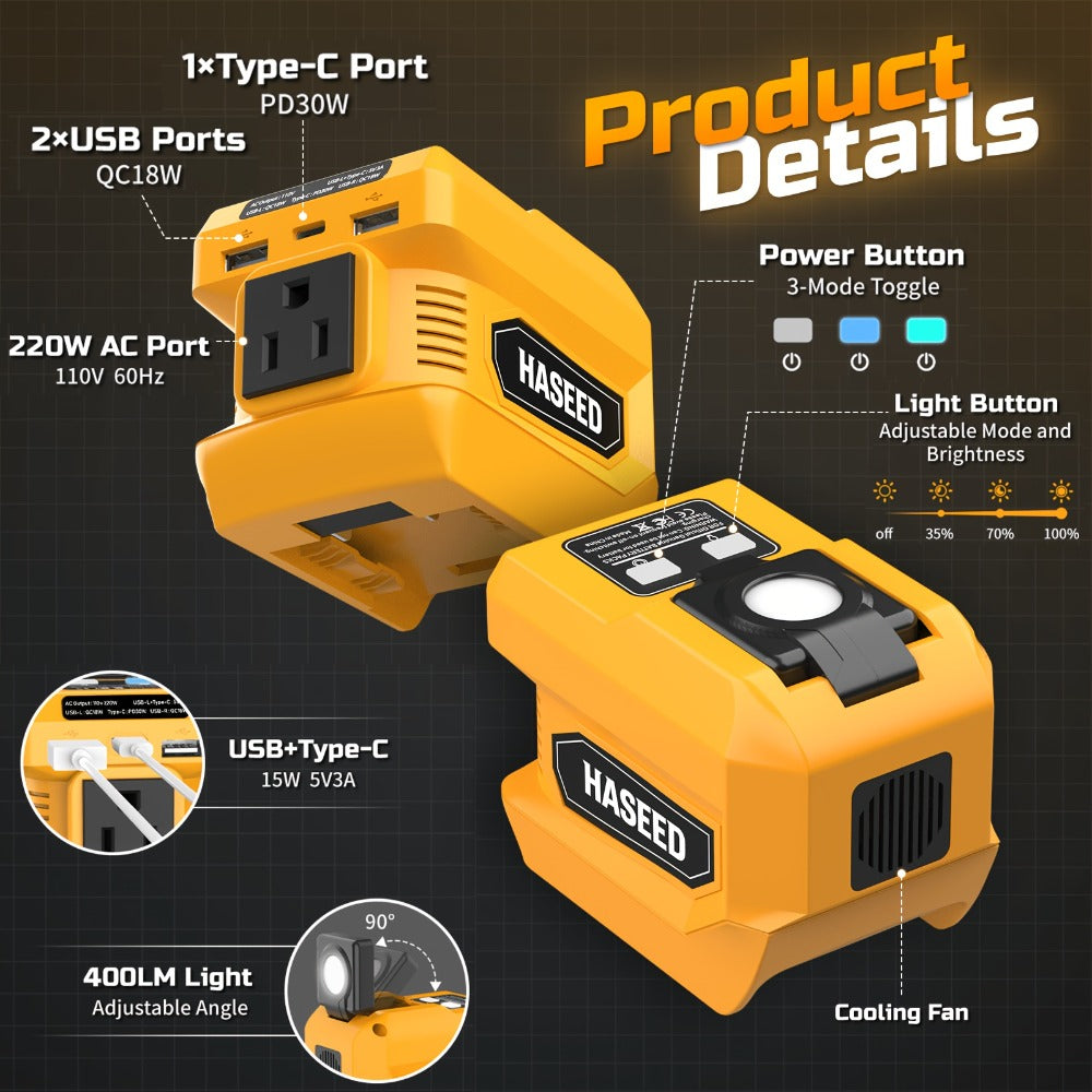 Portable Power Inverter 200W – DeWalt 20V Battery Compatible, DC to AC 110V, 2 USB + Type-C Fast Charging, 400LM Work Light, 
