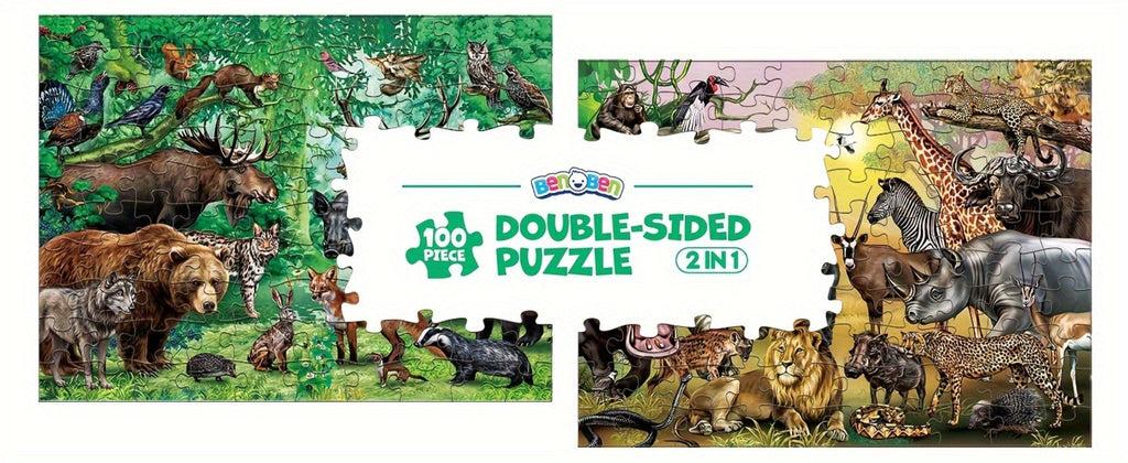 Double Sided Puzzle for Kids 100 Pieces Jungle Animals, 2-in-1 Jigsaw Educational Toy for Boys & Girls Ages 3 4 5 6 7 8 — ima