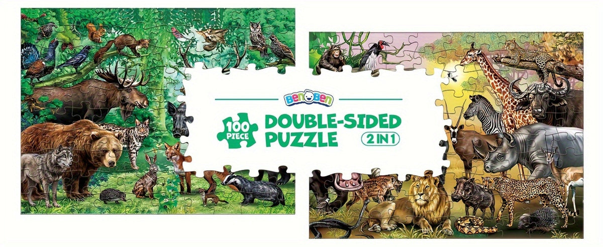 Double Sided Puzzle for Kids 100 Pieces Jungle Animals, 2-in-1 Jigsaw Educational Toy for Boys & Girls Ages 3 4 5 6 7 8 — ima
