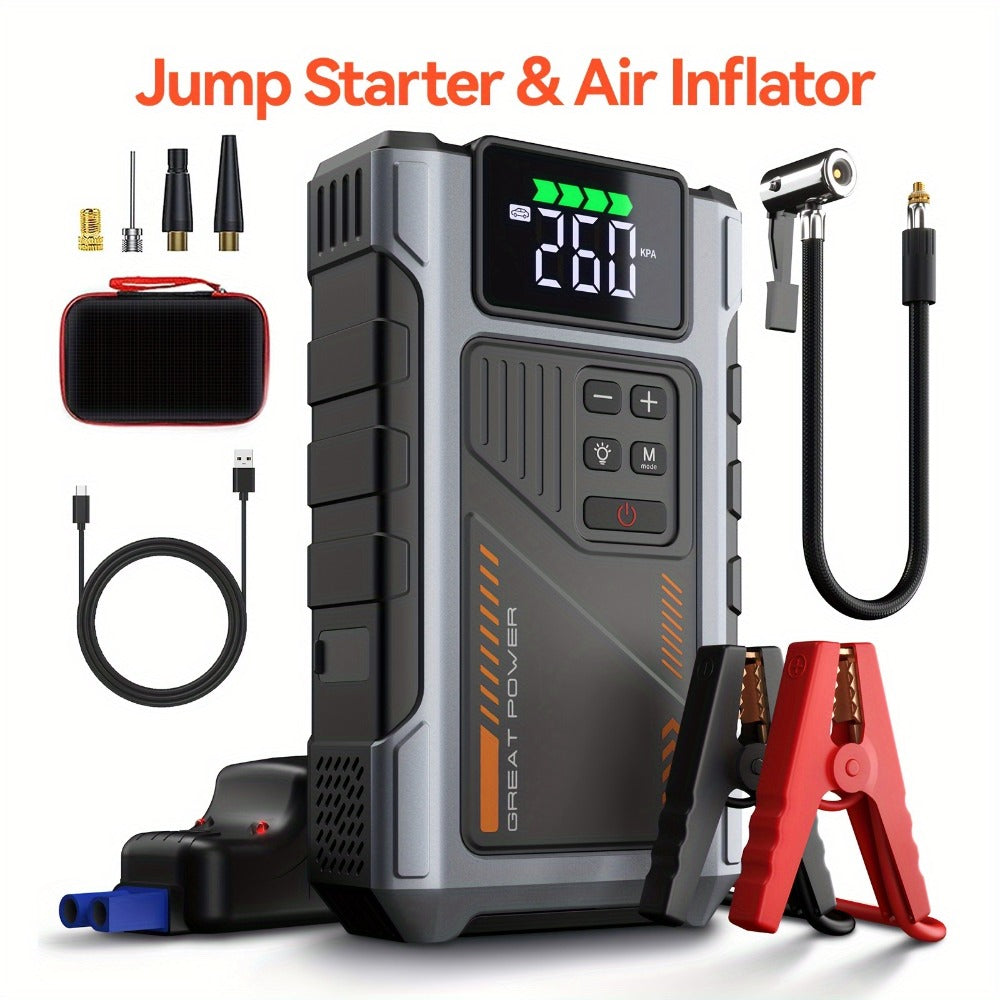 12V Jump Starter with 4000A Marking, 150 PSI-Labeled Air Compressor, Digital Pressure Display and Two Black Color Options — i