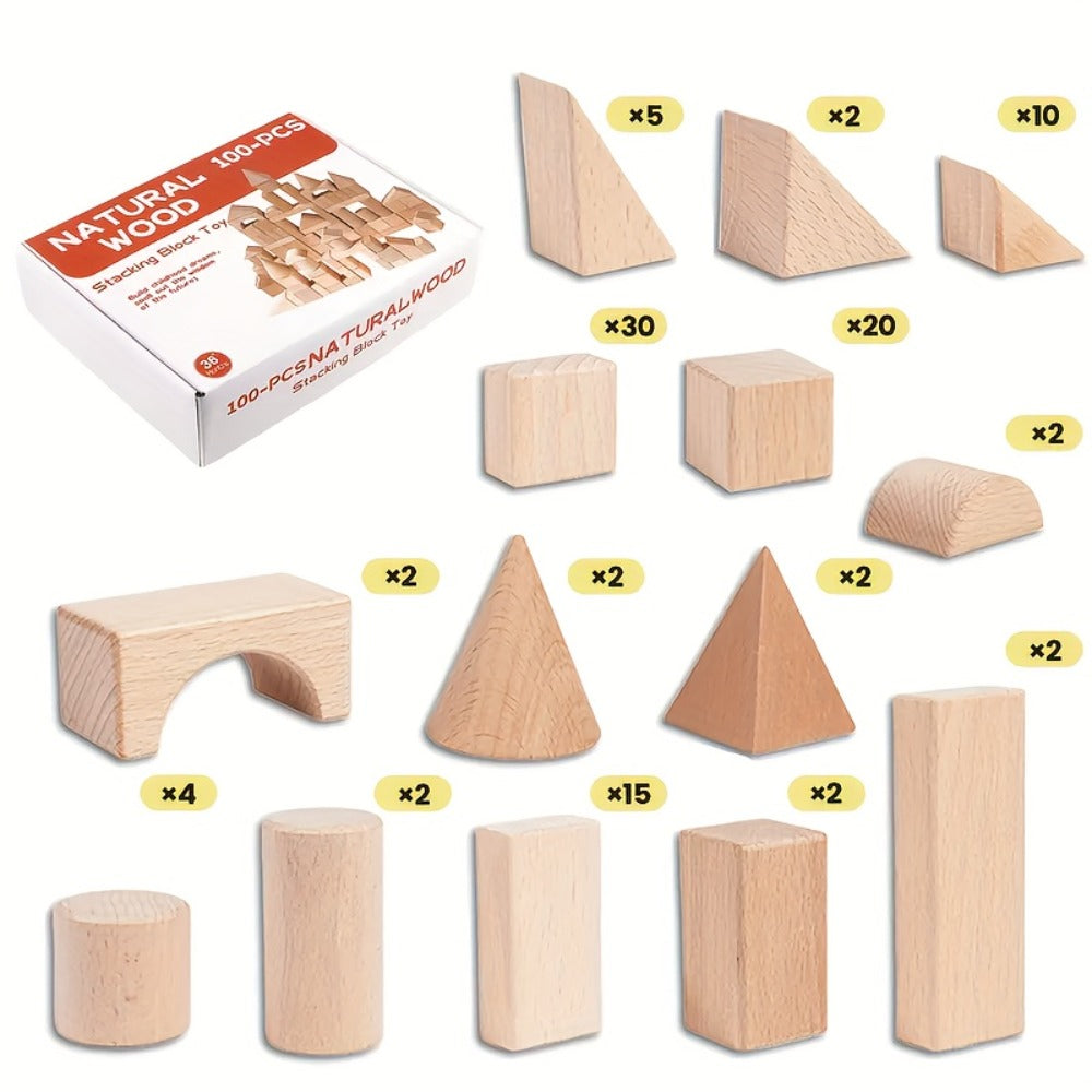 Natural Beech Wood Blocks 100 Piece Unpainted Solid Wooden Building Set, STEM Logical Thinking Toy for Kids Ages 3-12 — image