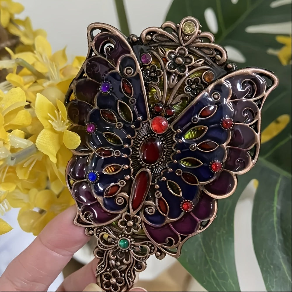 Vintage Peacock Hair Comb and Mirror Set 2 Pcs – Fine-Tooth Stainless Steel Decorative Butterfly Flower Portable Handheld Mir