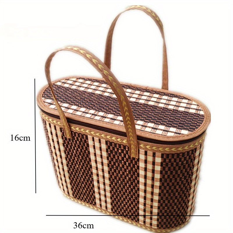 Woven Picnic Storage Basket with Fitted Checked Lid and Carry Handles, 14.17 x 6.3 x 10.24 Inches — image 3