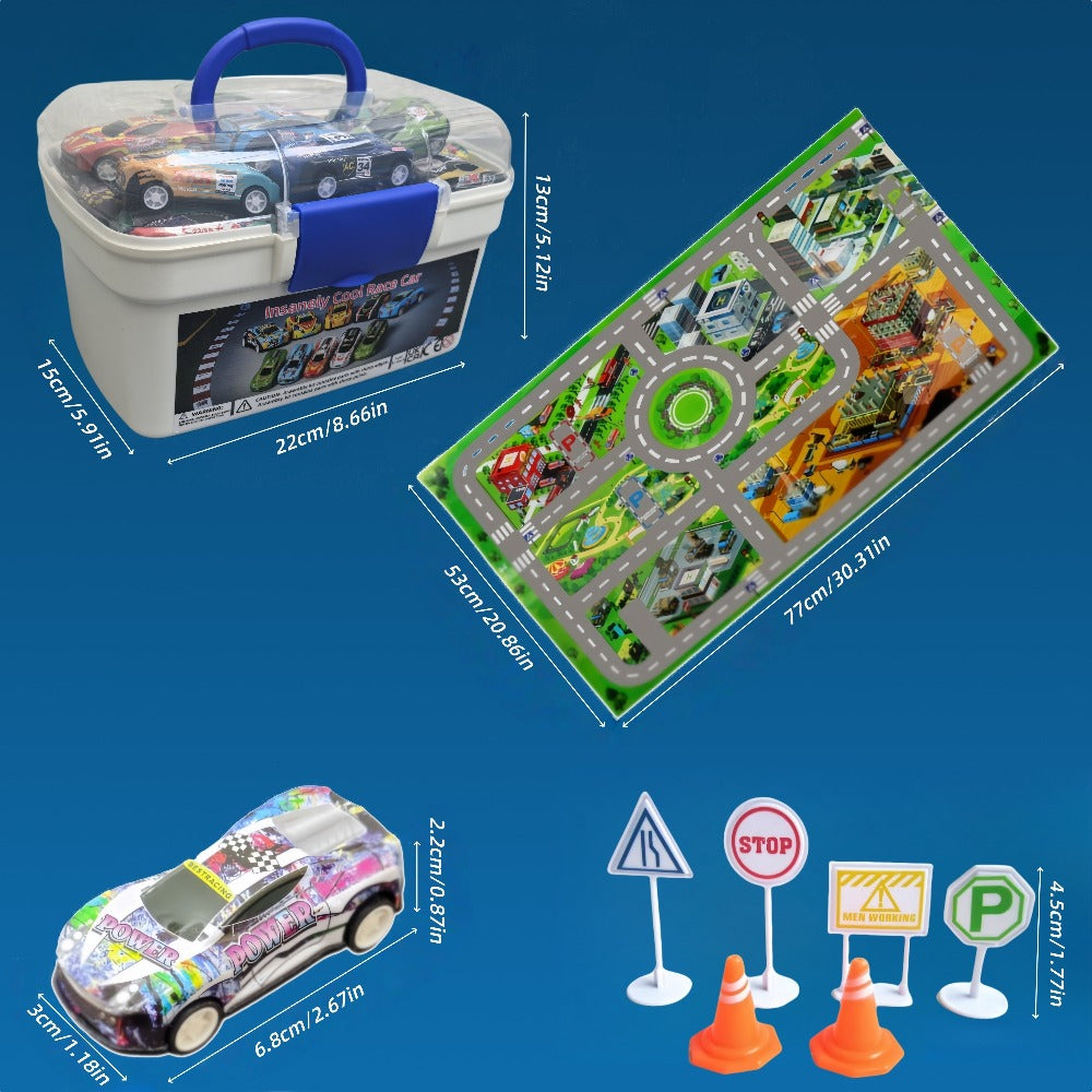64 Pcs Pull Back Toy Car Set with City Map, Traffic Signs & Storage Box, 56 Mini Die-Cast Vehicles for Kids Boys Girls Ages 3