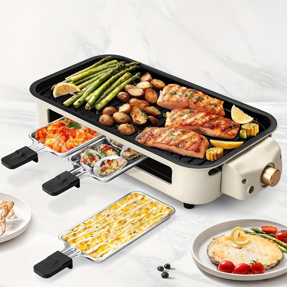 Indoor Electric Smokeless Grill 1700W with Raclette Pans, Non-Stick Plate, Portable Tabletop BBQ Griddle for Couples — image 
