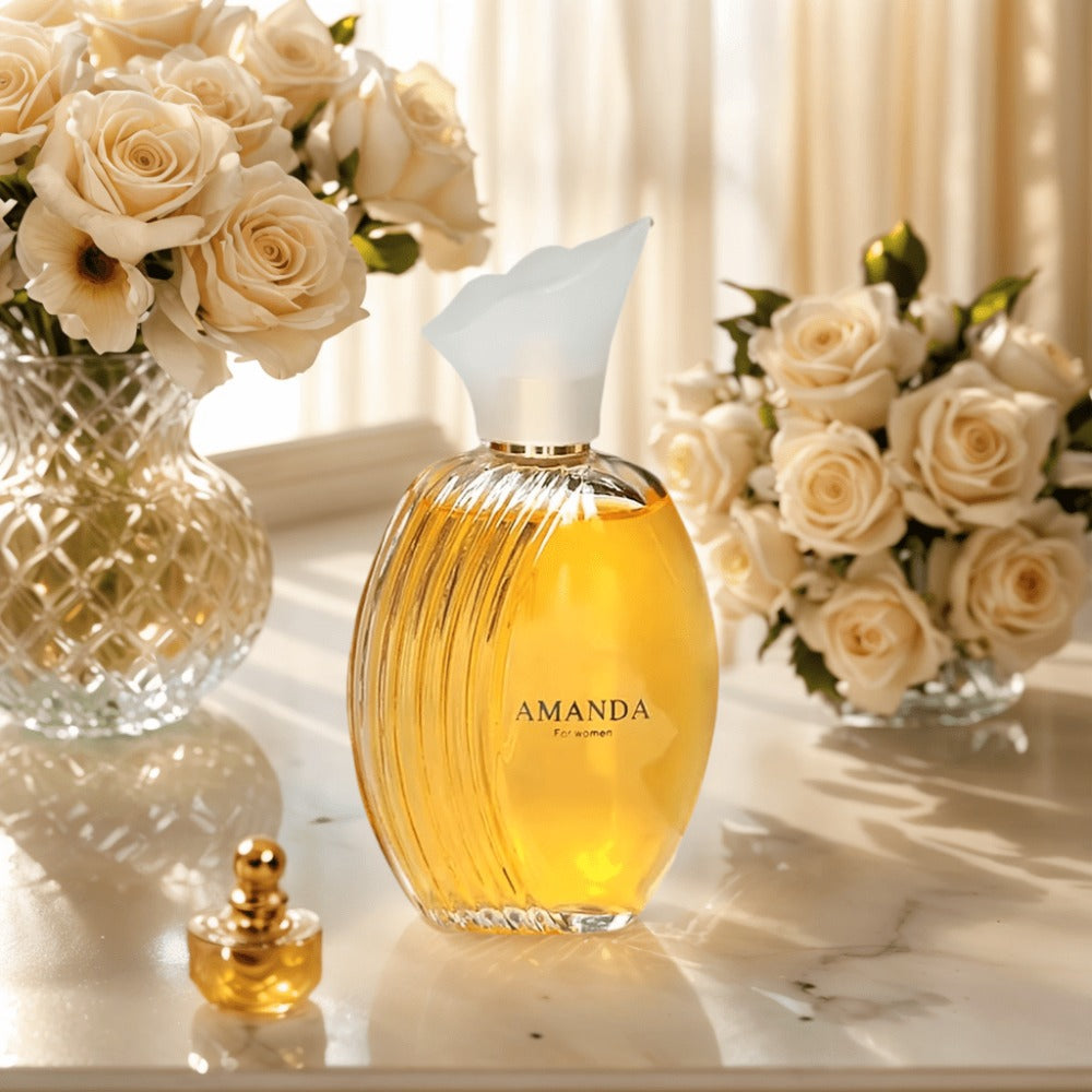 AMANDA Women's Eau de Parfum Spray, 100 ml Oval Amber Bottle with White Flower Cap and Red Gift Box — image 2