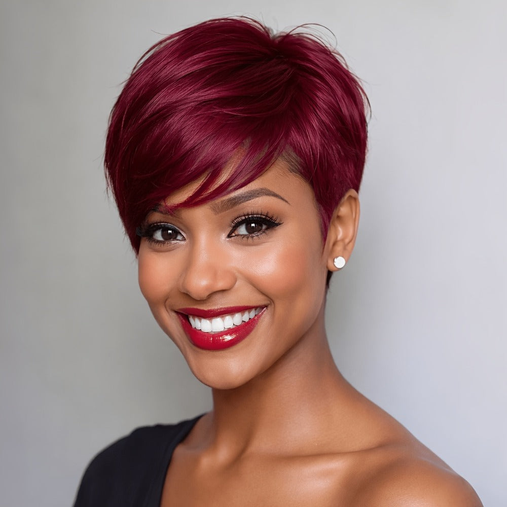 Synthetic Wig 6-Inch Glueless Layered Pixie Bob in Burgundy or Olive Brown for Daily Looks — image 7