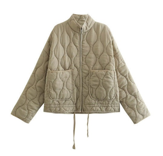 Large Pocket Lace-up Long Sleeve Cotton Coat Jacket Washed Cotton-padded Coat For Women