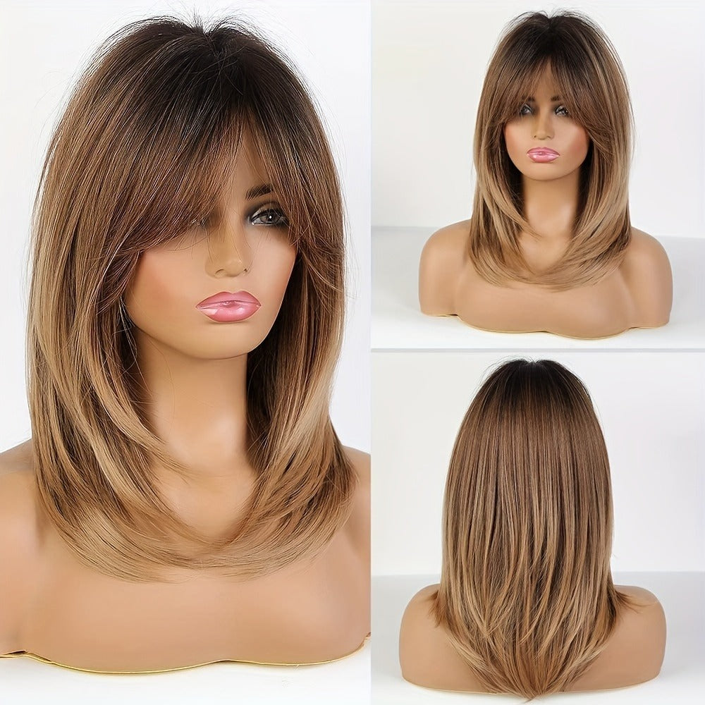 Wig Long Straight Layered Style in Dark Brown, 18-Inch Synthetic Fiber with Bangs and Rose Net Cap — image 2