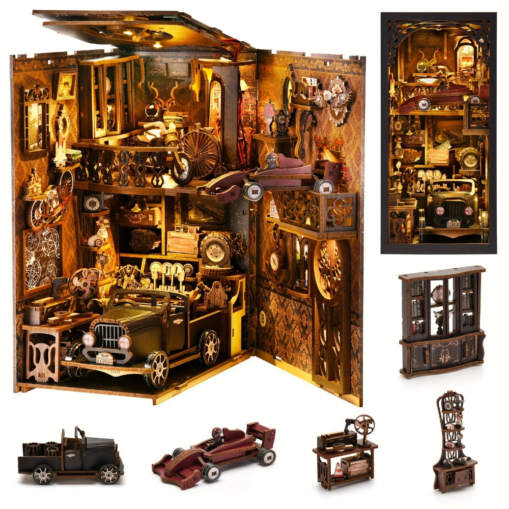 Car Players Book Nook Kit with 145-Piece Vintage Garage Scene, Warm Light and Clear Front Cover — image 1