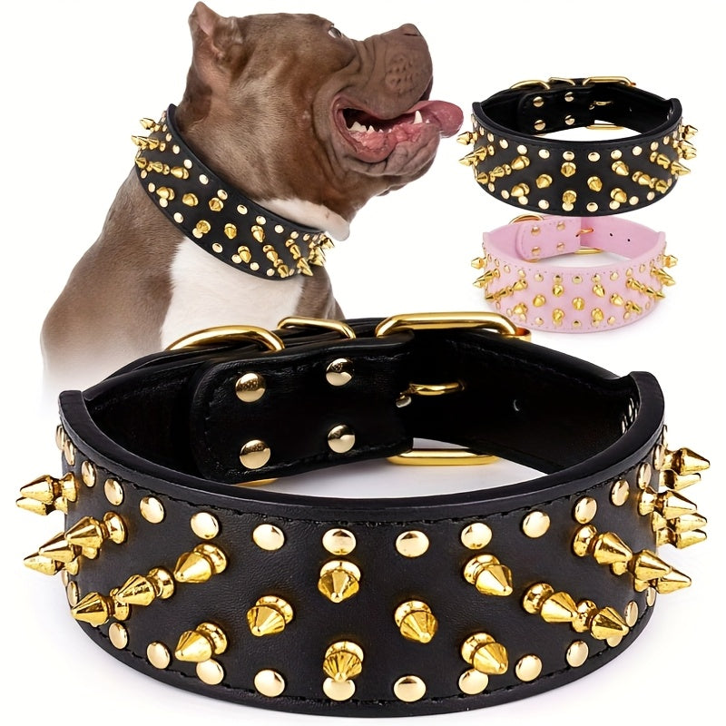 Wide Studded Dog Collar with Faux-Leather Band, Metal Spikes and Rivets in Six Colors, Sizes M and L — image 15
