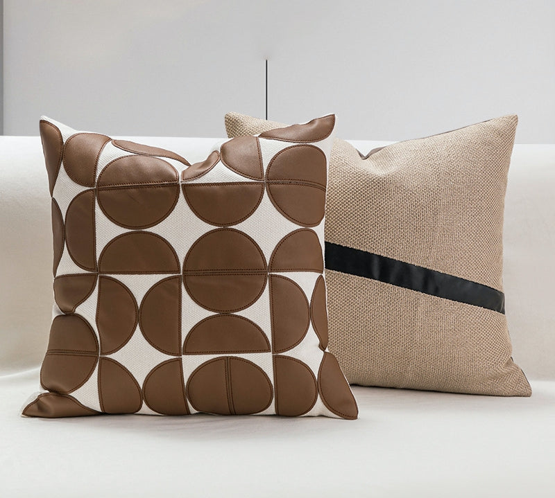 Nordic PU Leather Pillow Geometric Abstract Veneer Stitching Cushion Simple Modern Living Room Backrest Pillow Pillow Cover