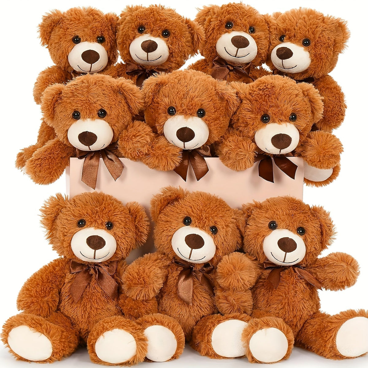 Plush Toy Eight-Pack of 11-Inch Teddy Bears in Dark Brown or Khaki for Events and Favors for Character Display, Room Decor an