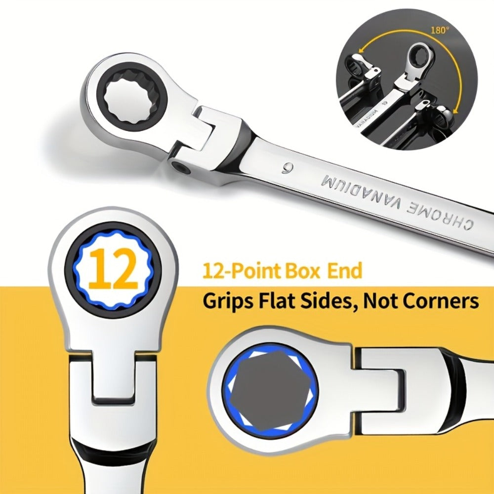CR-V Flex Head Ratchet Wrench Set 5-Piece – 2-in-1 Reversible Open End & Hex Socket Dual-Purpose Kit | Automotive Engine Bay,