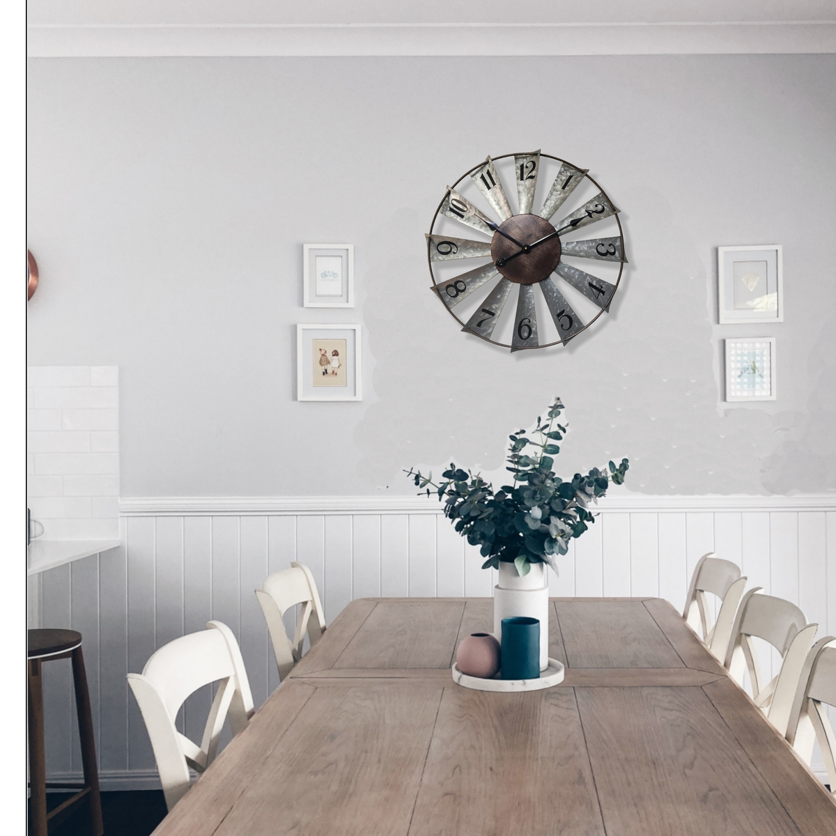 24-Inch Windmill-Style Metal Wall Clock with Galvanized-Look Silver Blades and Brown Analog Center — image 9
