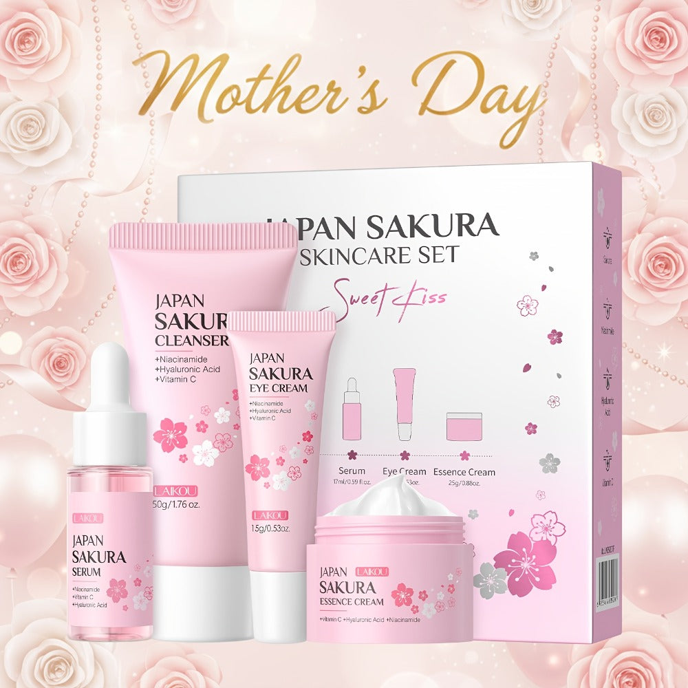 4-Piece Sakura Skincare Gift Set with Cleanser, Serum, Essence Cream and Eye Cream in Coordinated Pink Packaging — image 3