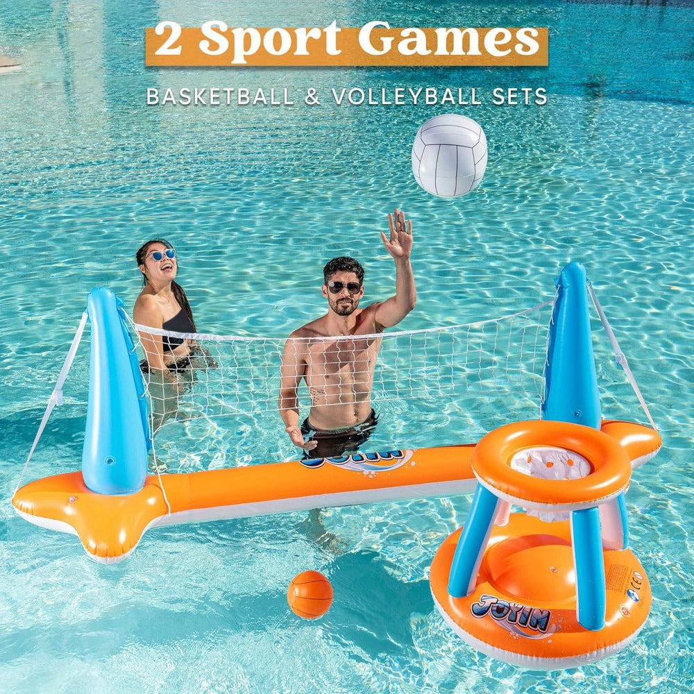 Inflatable Pool Game Set for Kids & Adults, Volleyball Net Court & Basketball Hoops with Balls — image 12