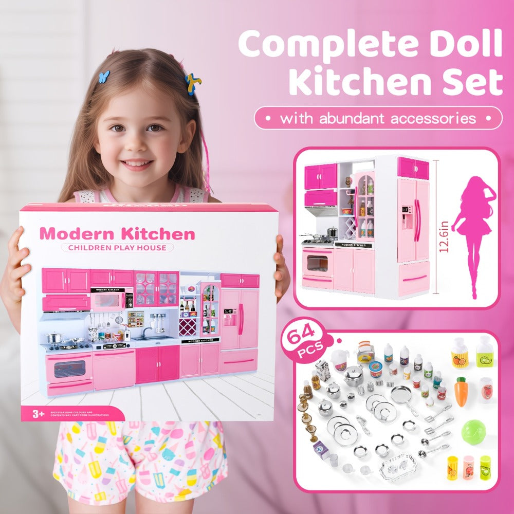 64-Piece Pink Pretend Kitchen Play Set with Light and Sound Features in a 58 x 42.5cm Mini Format — image 3