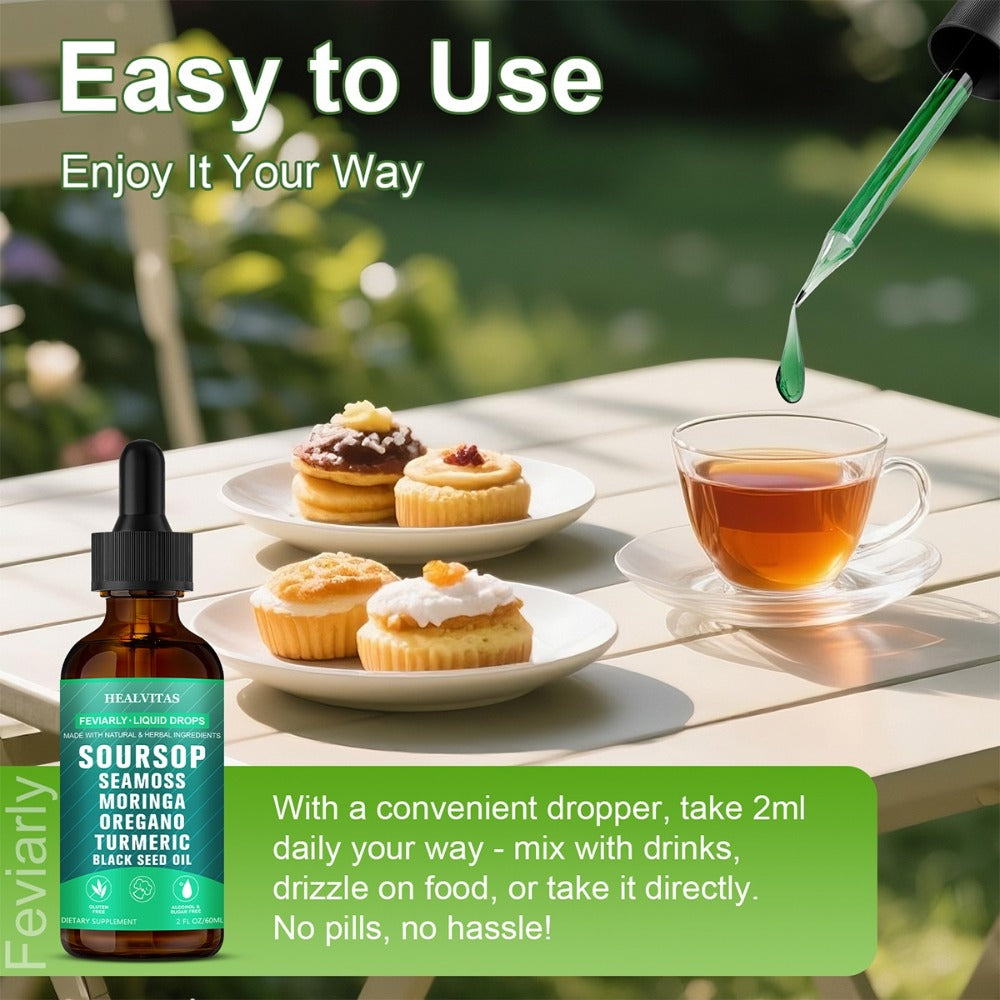 Soursop Bitters Liquid Supplement 2oz 10-in-1 with Seaweed Moringa Turmeric Black Seed Oil & Oregano Herbal Extracts — image 