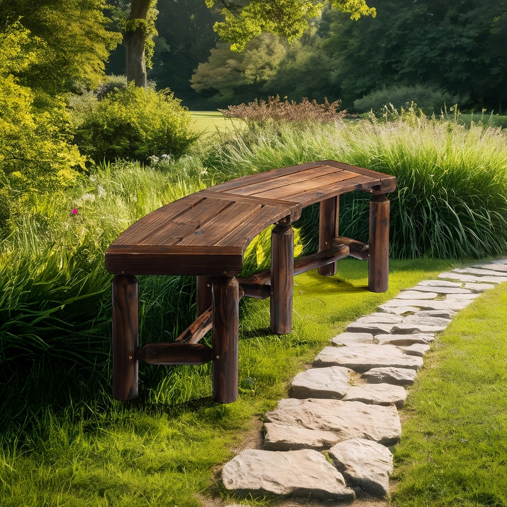 Curved Backless Softwood Outdoor Bench with Slatted Log-Style Seat in Brown or Natural-Look Finish — image 1