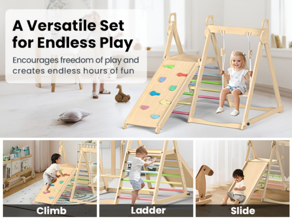 Foldable Indoor Wooden Jungle Gym for Toddlers, 4-in-1 Climbing Frame with Swing, Slide & Ladder — image 15