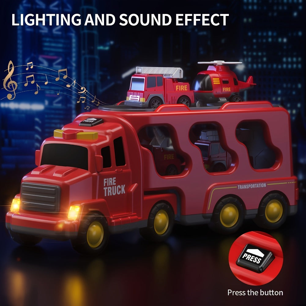 5-in-1 Fire Truck Playset for Kids 3-9, Friction Powered Interchangeable Rescue Vehicles Set with Carrier Truck — image 3