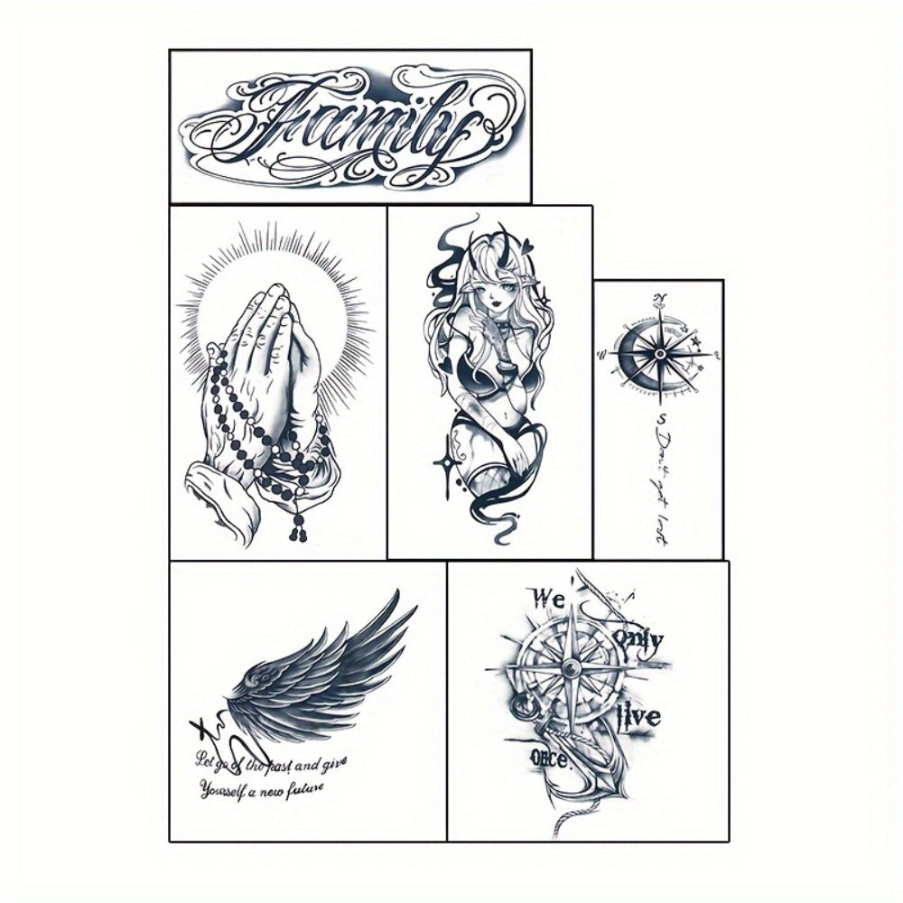 Temporary Tattoos, 6-Sheet Black Compass, Wings and Anchor Set with Large Body Art Designs — image 4