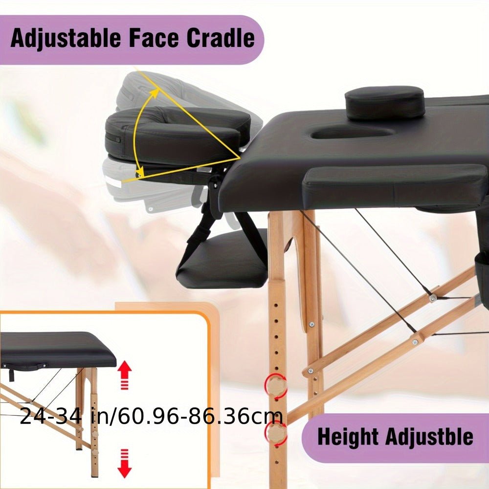 2-Fold Portable Massage Table with Face Cradle & Carrying Bag, Adjustable Height PU Leather Lash Bed — image 3