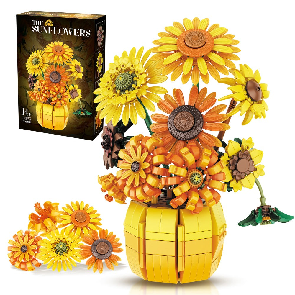 Sunflower Bouquet Building Blocks Set with 1009-Piece Checkout Label, Adjustable Petals and Yellow Vase Display — image 2
