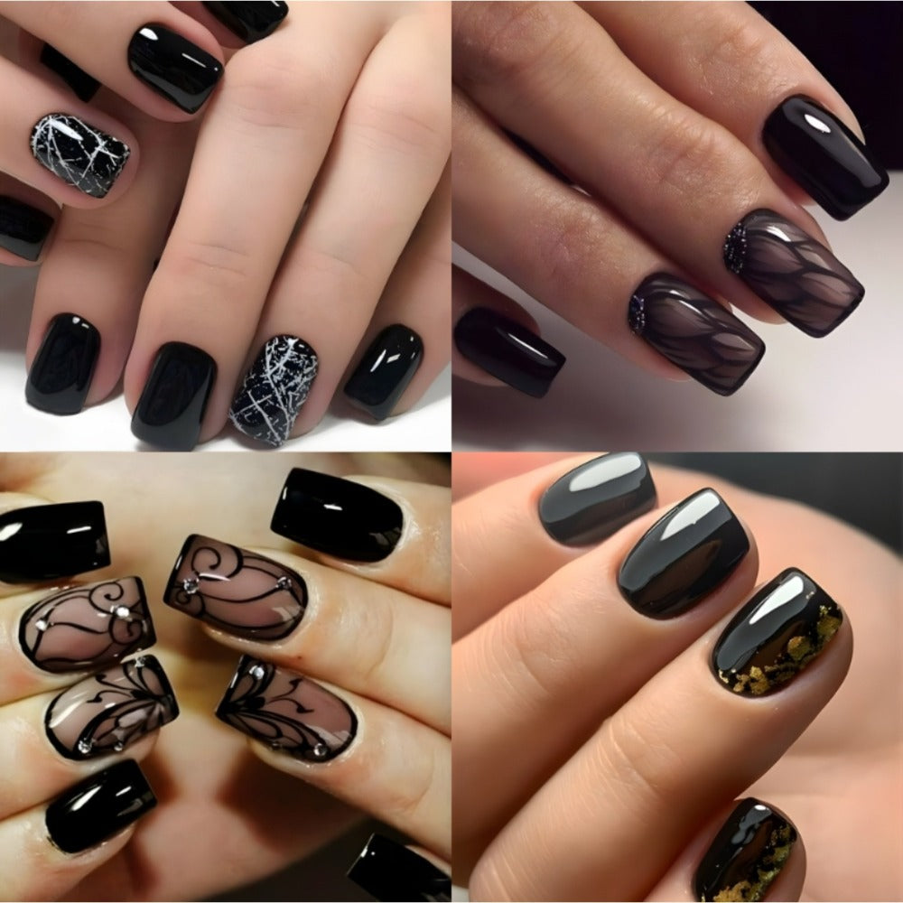 Press On Nails 96-Piece Short Square Black Ice-Crack Pattern Glossy Full-Cover Set with Nail Glue — image 2