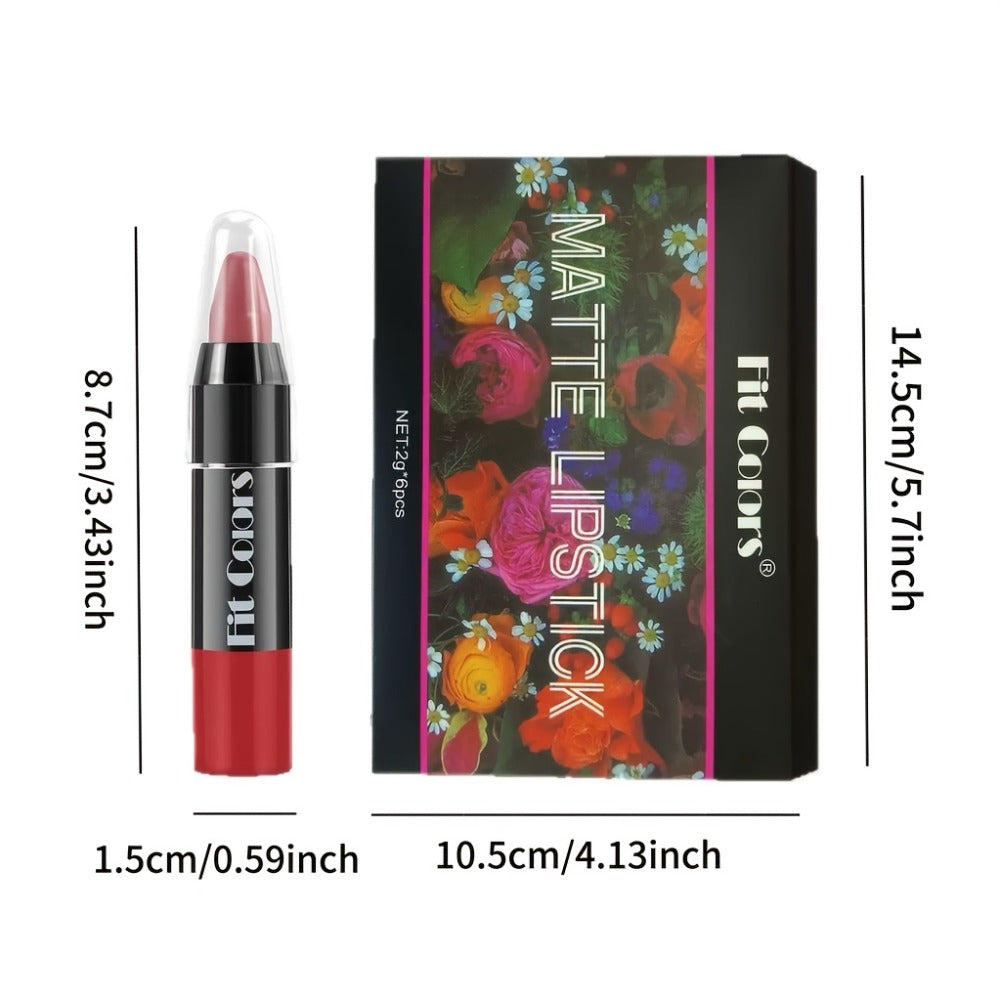 Squalane Crayon Lipstick Set 6 Pcs, Matte & Glossy Lip Pencil with Volumizing Formula, Easy Color Lip Liner for All Skin Type