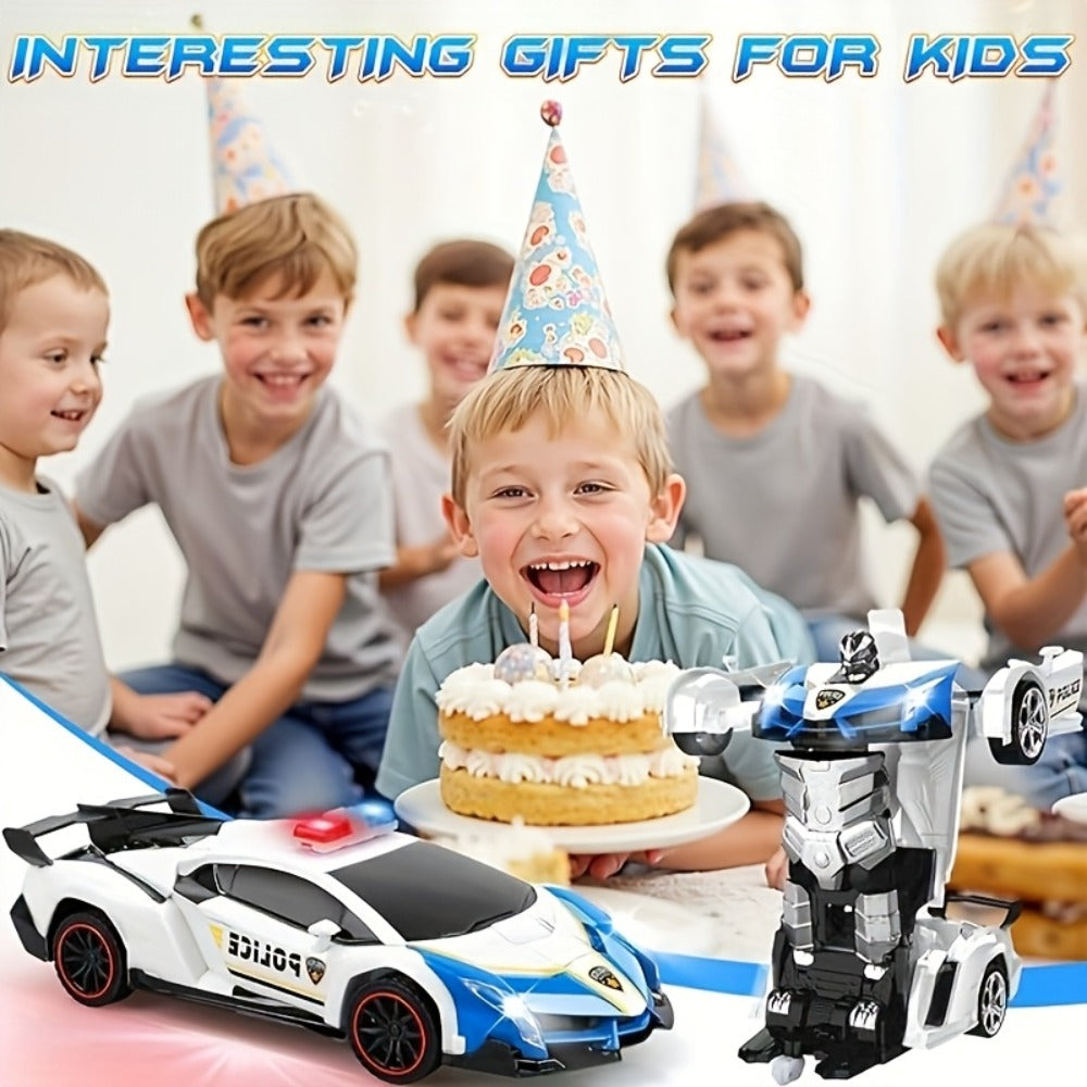 Remote Control Car, 1:18 Transforming Robot Model with Police or Spider Theme, One-Button Change, LEDs and 360° Drift — image