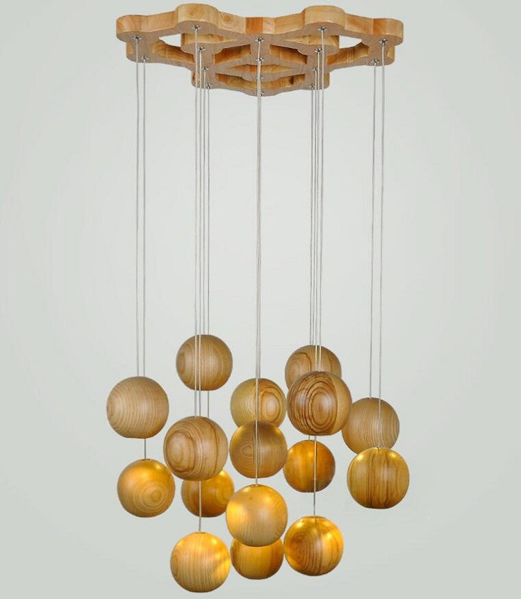 Nordic wood solid wood ball chandelier creative personality living room dining room hanging lamps